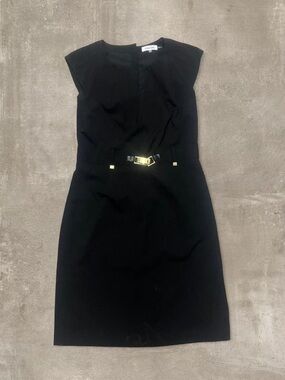 Calvin Klein Black Sheath Dress Gold Belt Detail Size 8 Elegant Work Career
